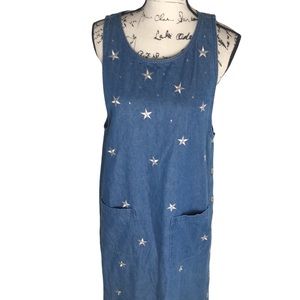 Quacker Factory Denim Maxi Dress With Embroidered Stars and Front Pockets